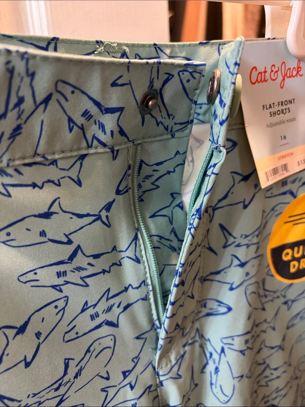 Cat & Jack Teal Swim Trunks with Navy Shark Print